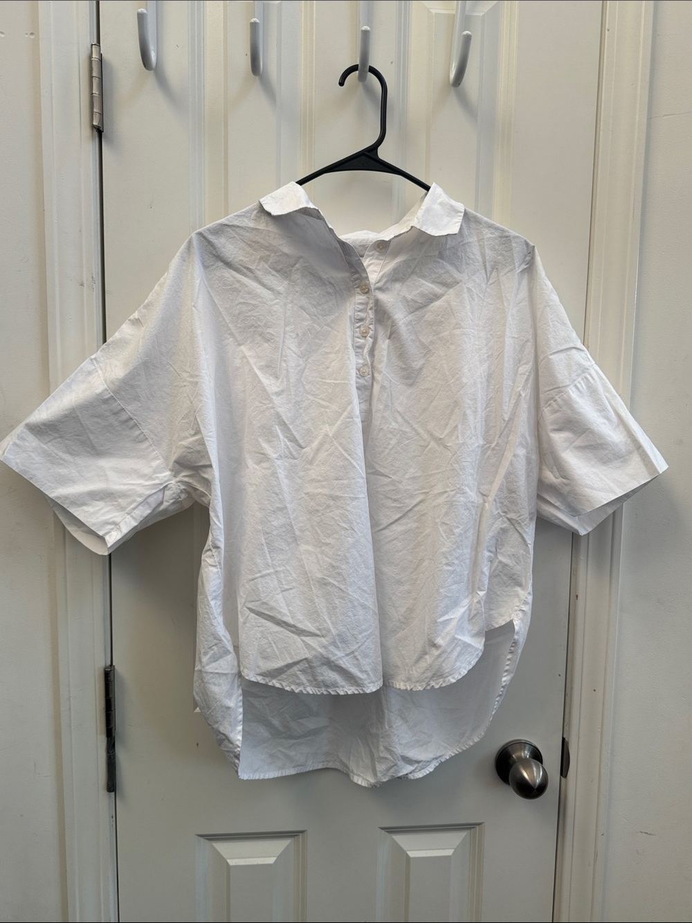LOFT White Short-Sleeve Partial-Button Collared Blouse, Oversized High Low